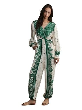 FARM RIO C ANTHROPOLOGIE Green & White Floral Dot Jumpsuit